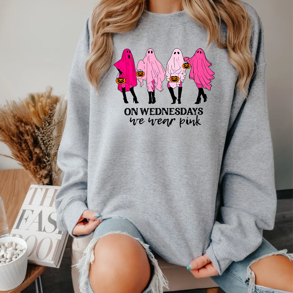 On Wednesdays We Wear Pink Sweatshirt For Halloween | Breast Cancer Awareness