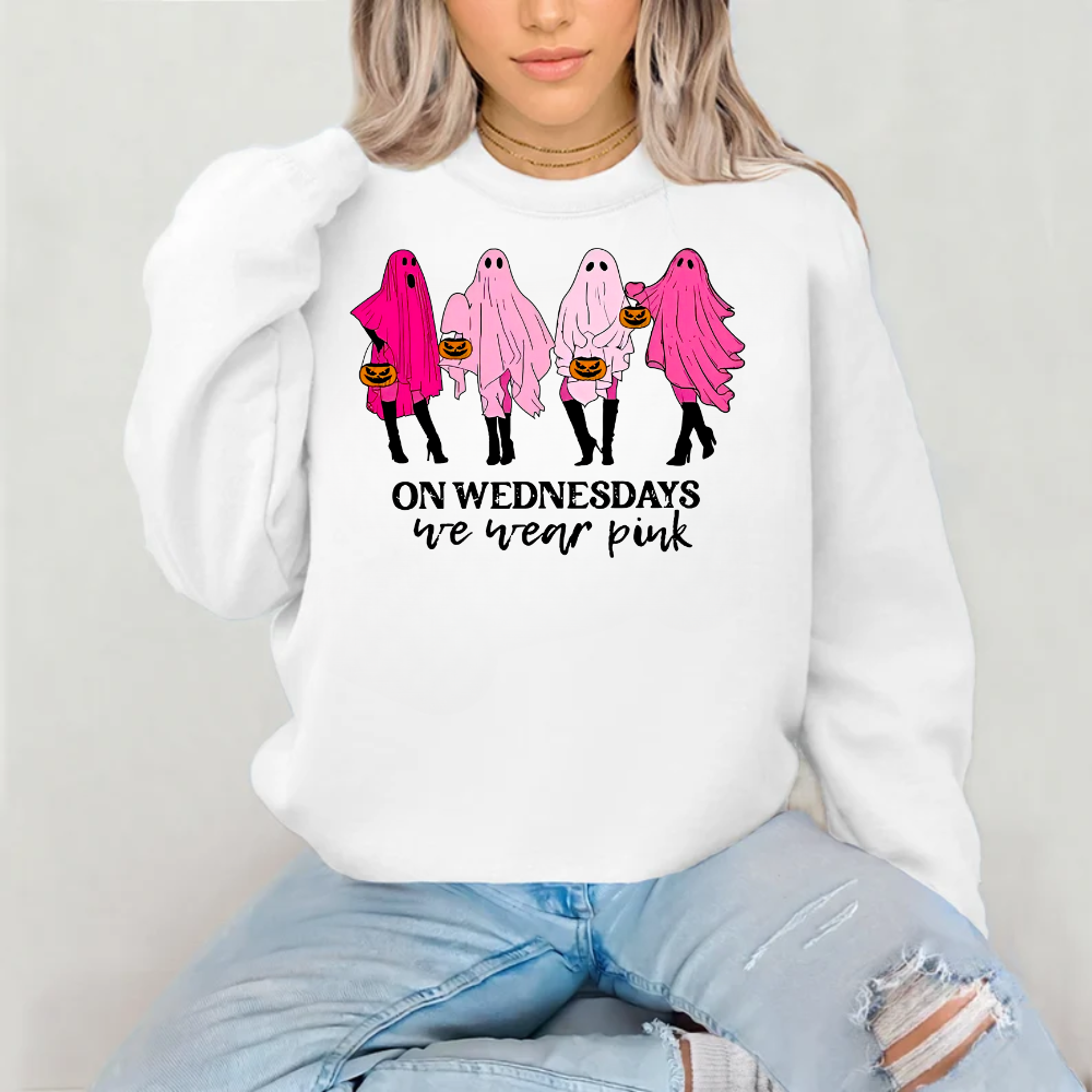 On Wednesdays We Wear Pink Sweatshirt For Halloween | Breast Cancer Awareness