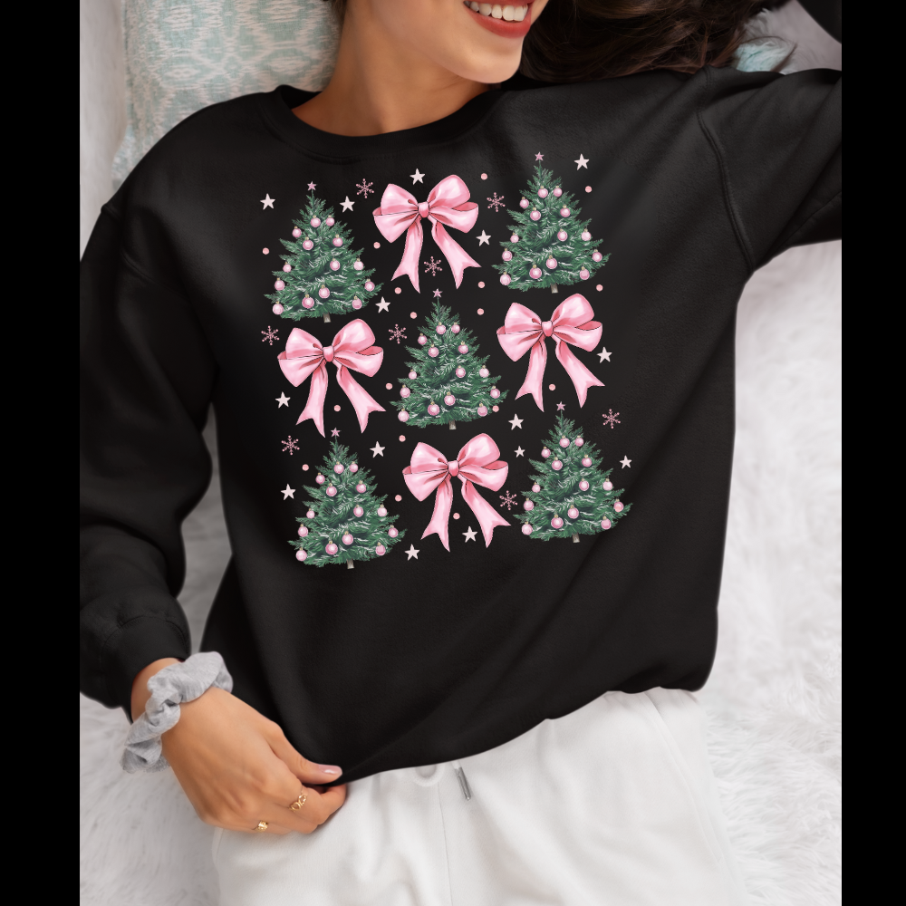 Christmas Coquette Woman Sweatshirt | Christmas Sweatshirt ( Pink Bows with Trees )