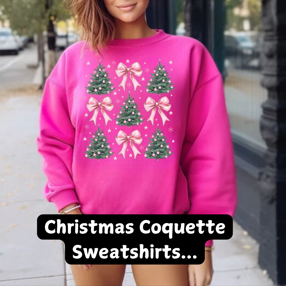 Christmas Coquette Woman Sweatshirt | Christmas Sweatshirt ( Pink Bows with Trees )